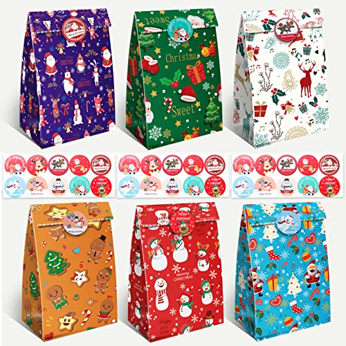 30 Pcs Christmas Paper Bags Flat Bottom Party Bags 6 Christmas Elements Themed Design with 30 Pcs Stickers for Xmas Party Birthday and Classroom