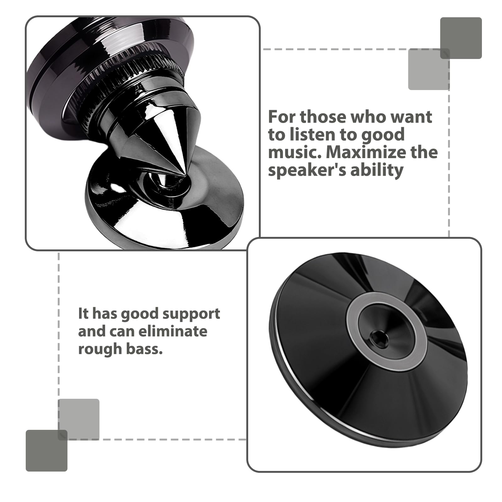 4 pièces pointes pour caisson de basses : pointes de haut-parleur avec 8 tapis antidérapants et 4 coussinets de base, support de haut-parleur anti-vibrations, hauteur non réglable, pics d'enceinte