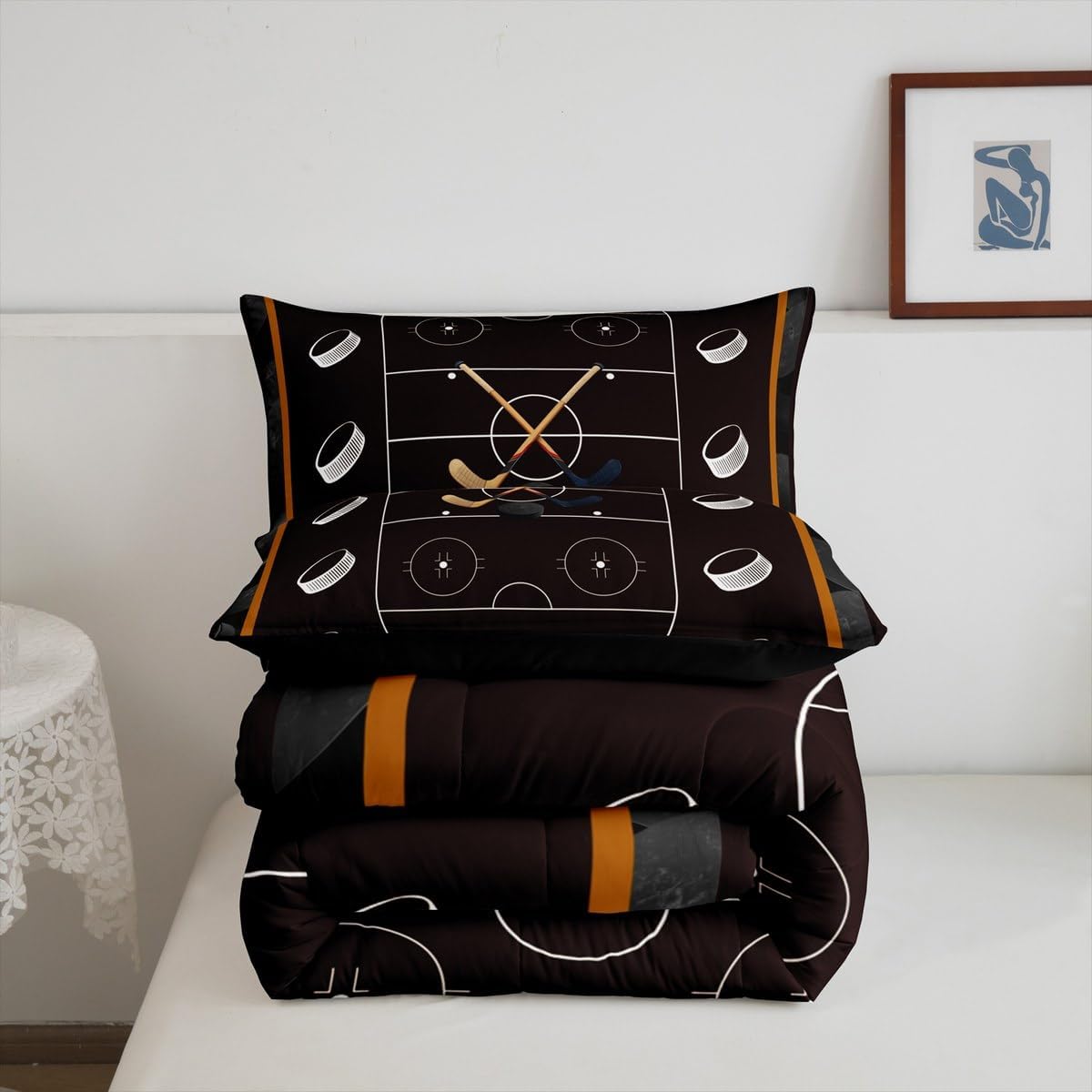 Feelyou Ice Hockey Comforter Set Queen Size Winter Sports Hobby Bedding Set Kids Boys Girls Hockey Stadium Ball Games Deep Brown Comforter Sports Theme Quilt Set
