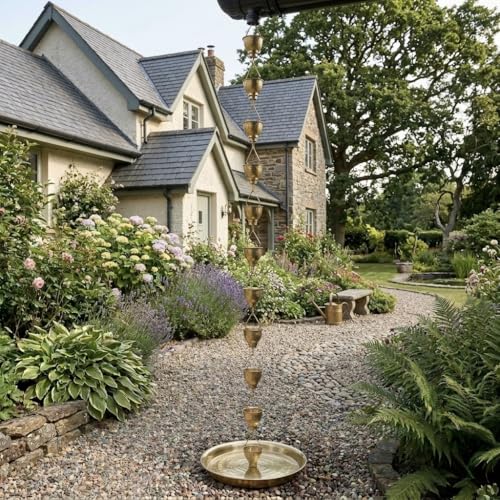 Image of Rain Chain - Brass Powder Coated 8.5 Feet Length Metal Rain Chain for Garden Decor - Rust Proof Long Lasting Rain Chain with Gutter Adaptor and Clip Installer - Rain Chain Downspout for Gutter