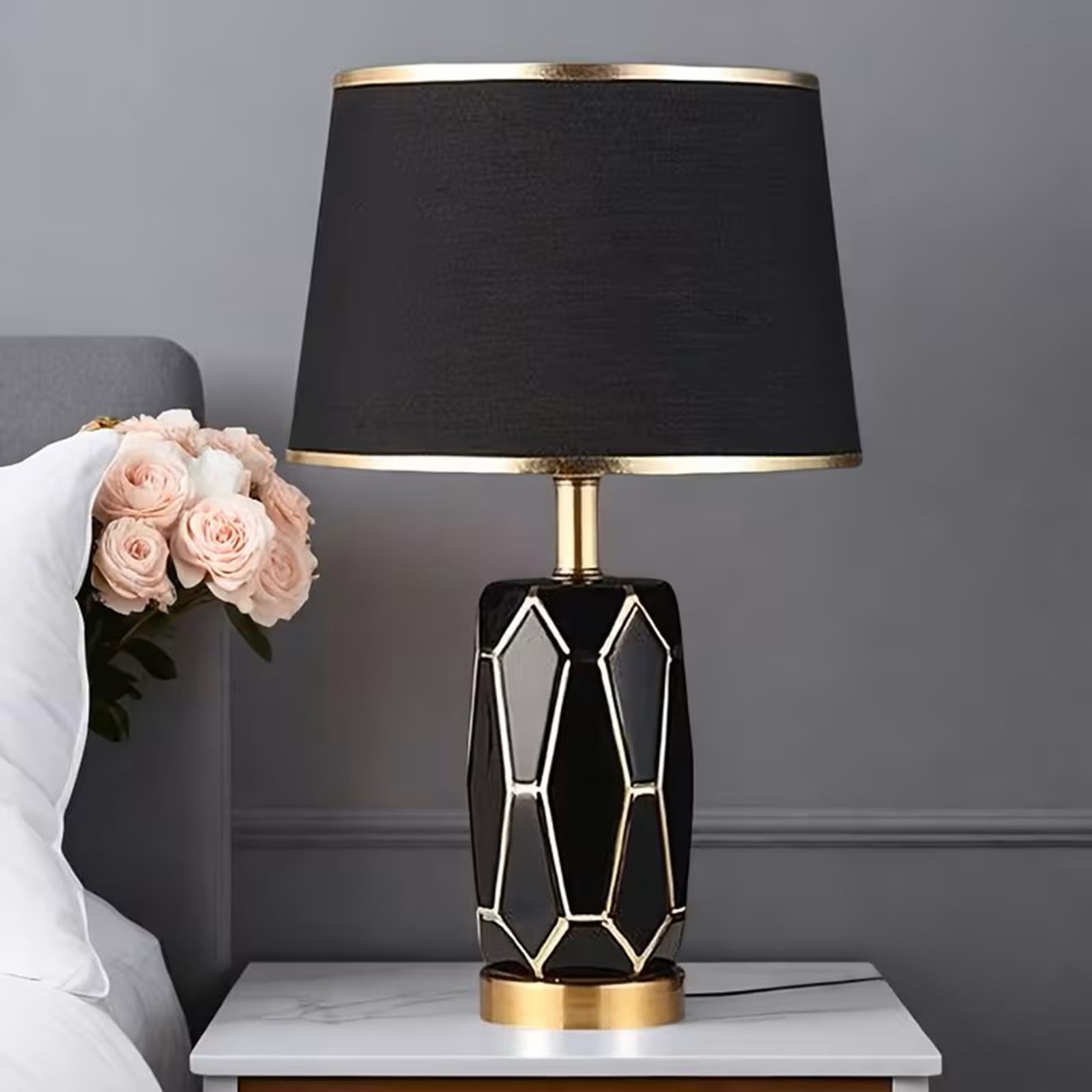 Ceramiczna Lampa Stołowa, Nowoczesna Lampa Nocna Z Abażurem Z Tkaniny Lnianej, Lampy Biurkowe Touch Z Funkcją 3-stopniowego ściemniania, Do Sypialni, Salonu, Gabinetu, E27(Black)
