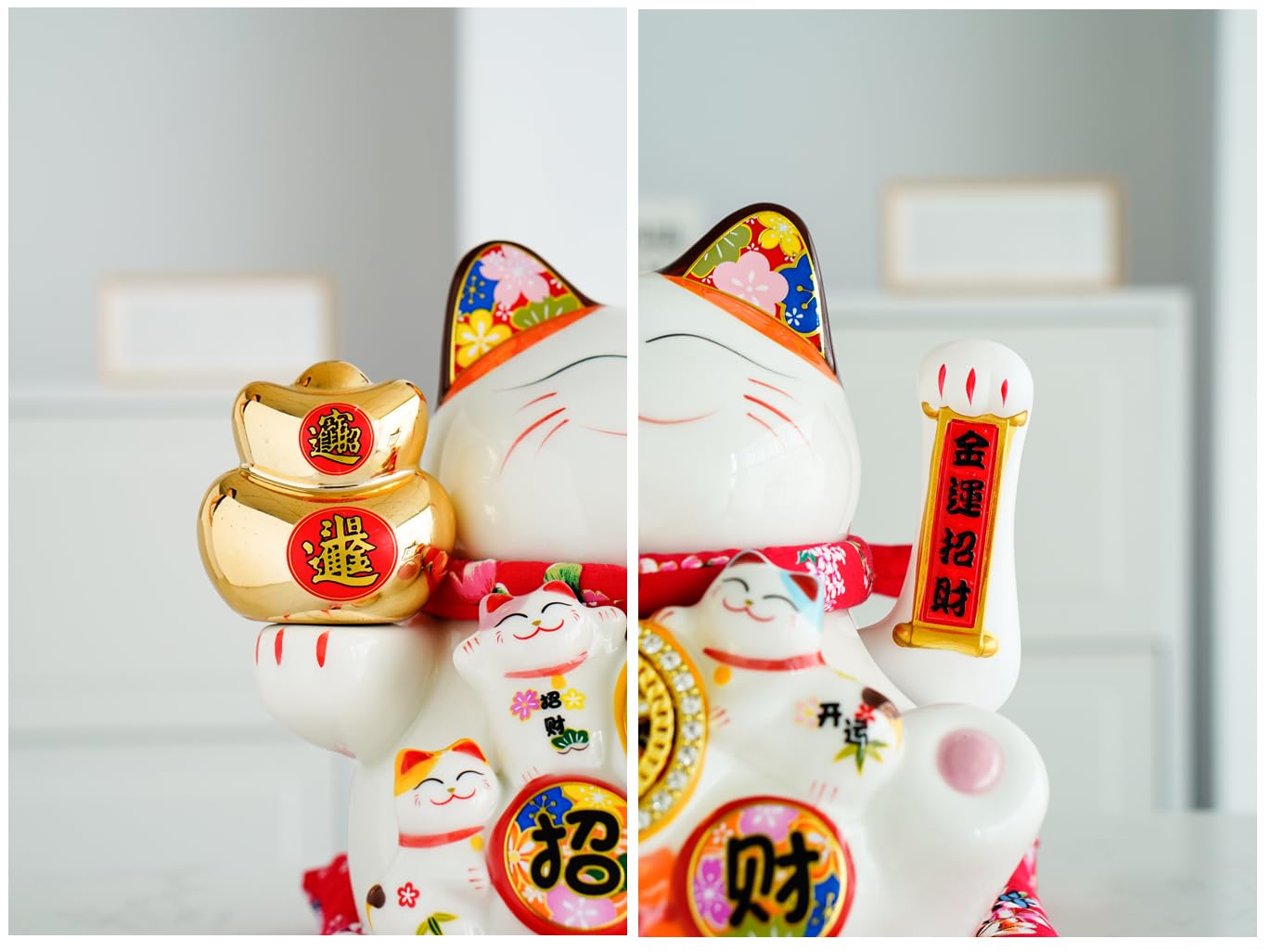 Chińska porcelana Feng Shui Machająca figurka kota na szczęście z ruchomym ramieniem Ceramiczna statuetka Maneki Neko machającego kota na szczęście do dekoracji biura domowego i sklepu Obróć ręcznie