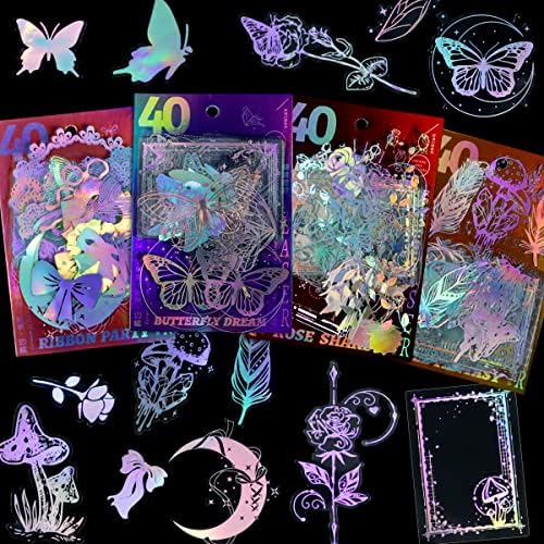 MCZLOG Holographic Glitter Stickers Set -160 Pcs with 4 Themes - Transparent Resin Stickers, Butterfly, Mushroom, Flower Sticker Pack, Vintage Scrapbook Stickers for Journaling Planner Laptop Water Bottles