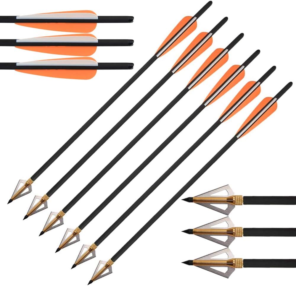 ZSHJGJR 16 Inch Crossbow Carbon Arrows Crossbow Bolts Hunting Arrow with 4 Inch Fletched Vanes Replaceable 125 Grain Tips Broadheads for Targeting Shooting