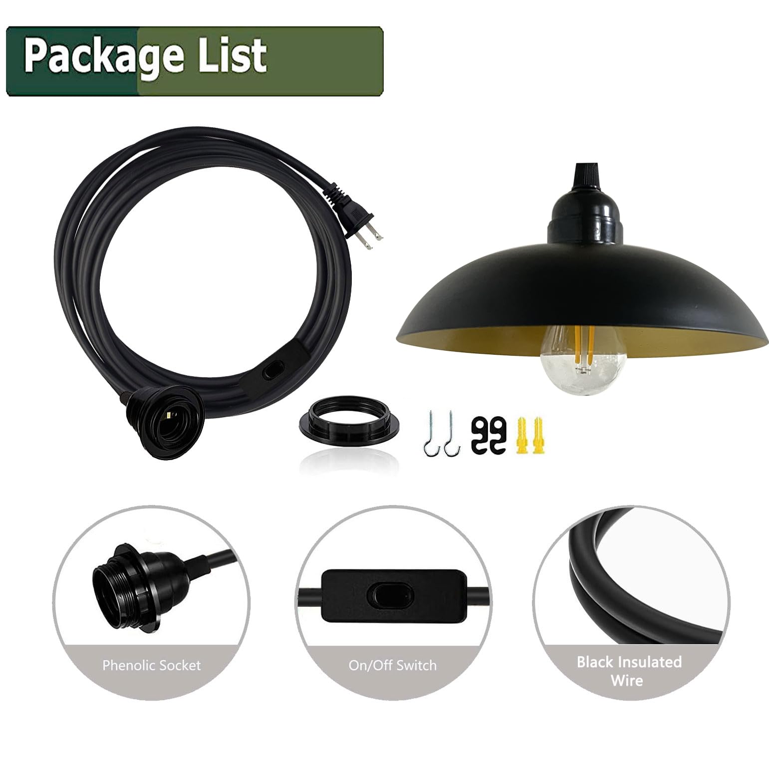 Outdoor Hängelampe mit Stecker Lampe Hängend Pavillon Beleuchtung Lampenfassung E27 4.5m Kabel Schwarz Deckenleuchte Außen Pendelleuchte Steckdose Gartenlampen Draußen Balkon Terrassen