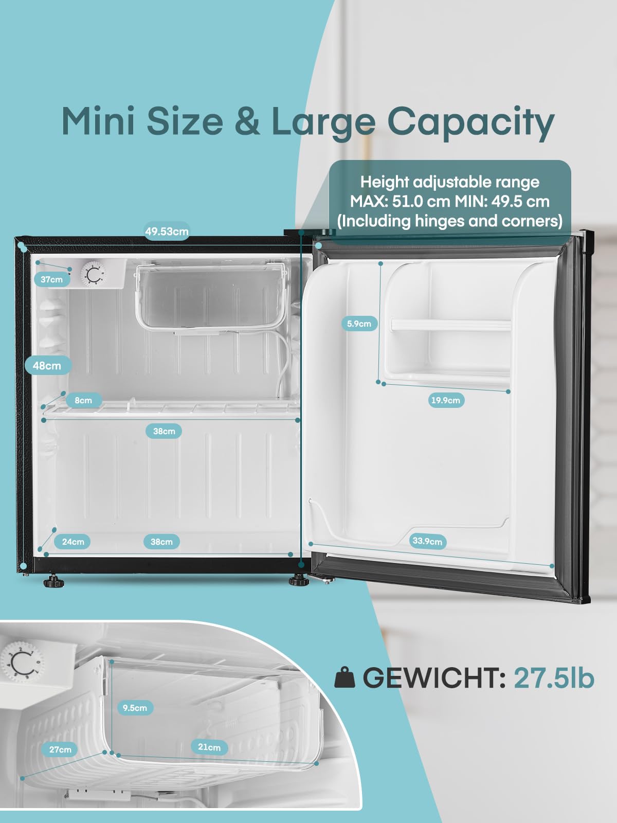 FOHERE Nevera Pequeña Frigorífico Mini 46L, Minibar, Icebox y Control de Temperatura regulable, Bajo Consumo, Puerta Reversible, Ideal para Hogar y Oficina, Negro