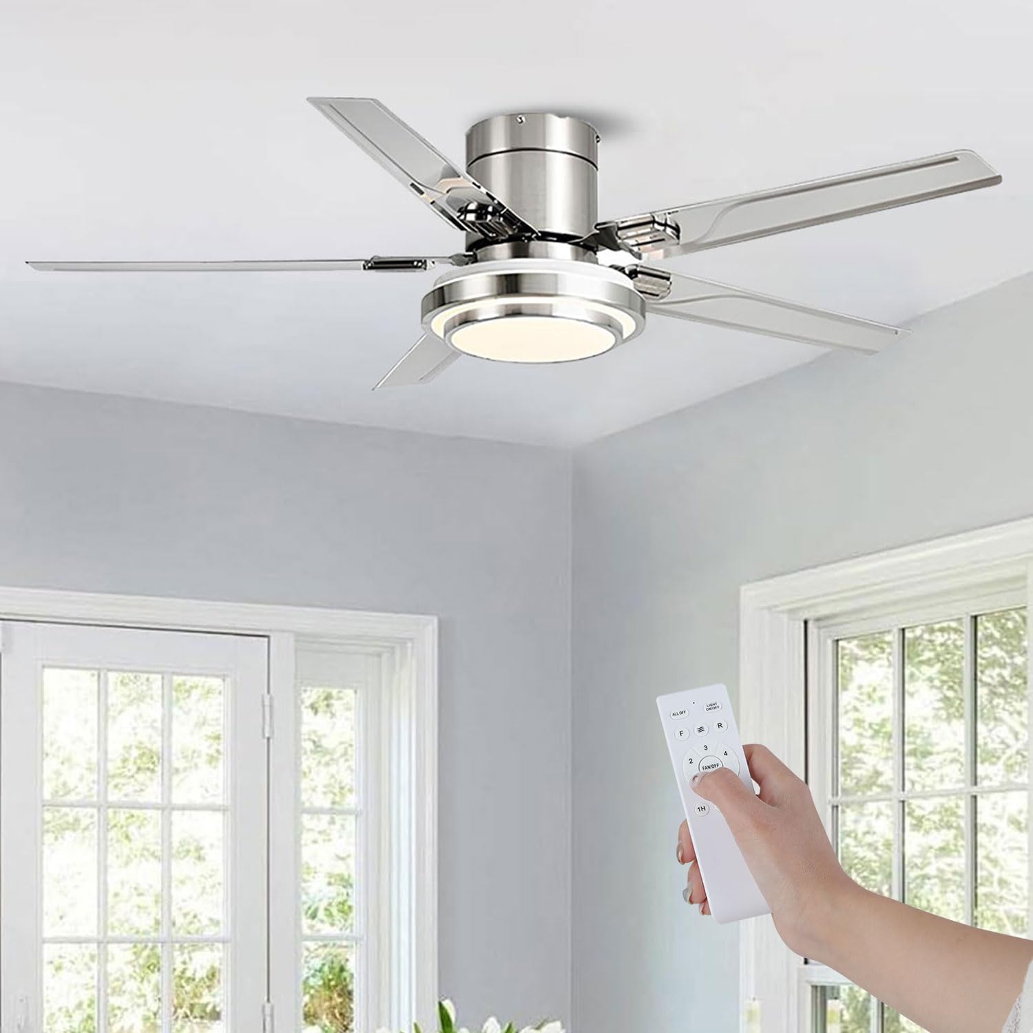 42 inch Ceiling Fans with Lights, Modern Low Profile Ceiling Fan with Light and Remote Control, Flush Mount, Reversible, 3CCT, Dimmable, Brushed Nickel Ceiling Fans for Bedroom Living Room