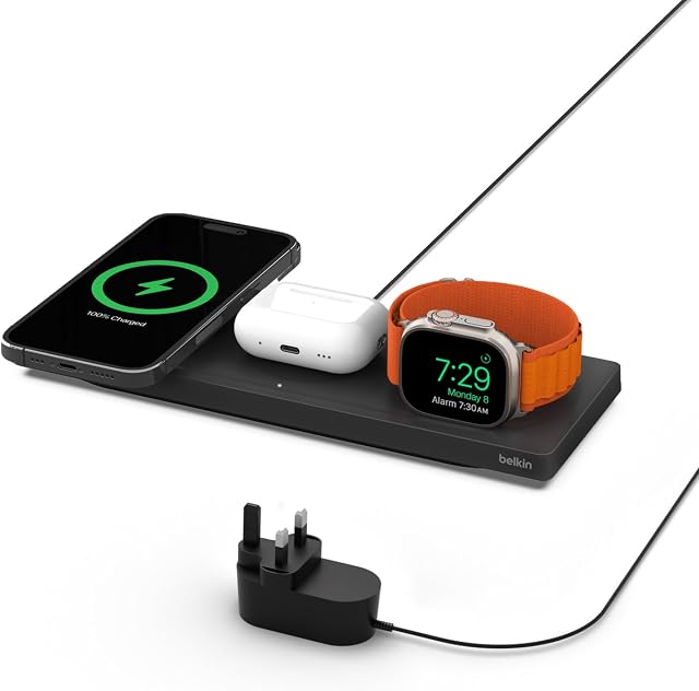 Belkin MagSafe Charger, 3 in 1 wireless charging station, MFi Certified Travel Pad for iPhone 15, 14, 13, 12 Series, Apple Watch 9, 8, 7, 6, SE, Ultra and Older, AirPods 2, AirPods, AirPods Pro