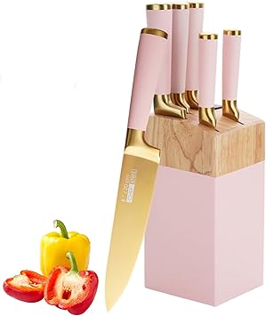 Gold Pink Kitchen Knife Set 7Pcs Gold Titanium Coated Dishwasher Safe Knife Block Sets,Wooden Block with Built-In Sharpener,Housewarming Gift for Women Home Kitchen
