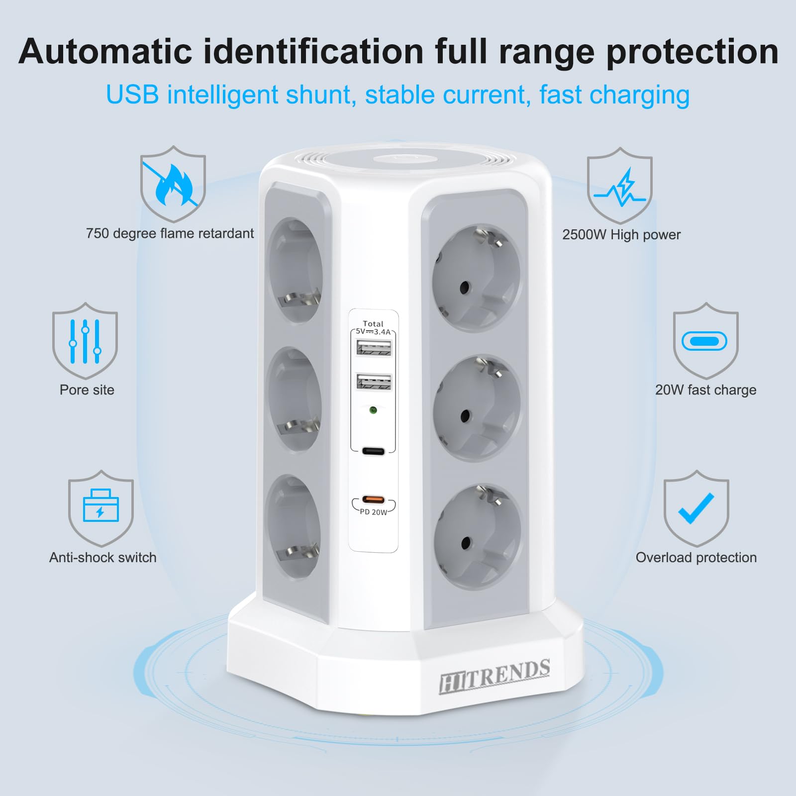 HITRENDS 12-Fach Steckdosenturm mit USB, Steckdosenturm mit 2M kable, (12Schuko+4 USB), Steckdosenleiste mit Überspannungsschutz für Küche, Büro (250V/16A,Weiß)