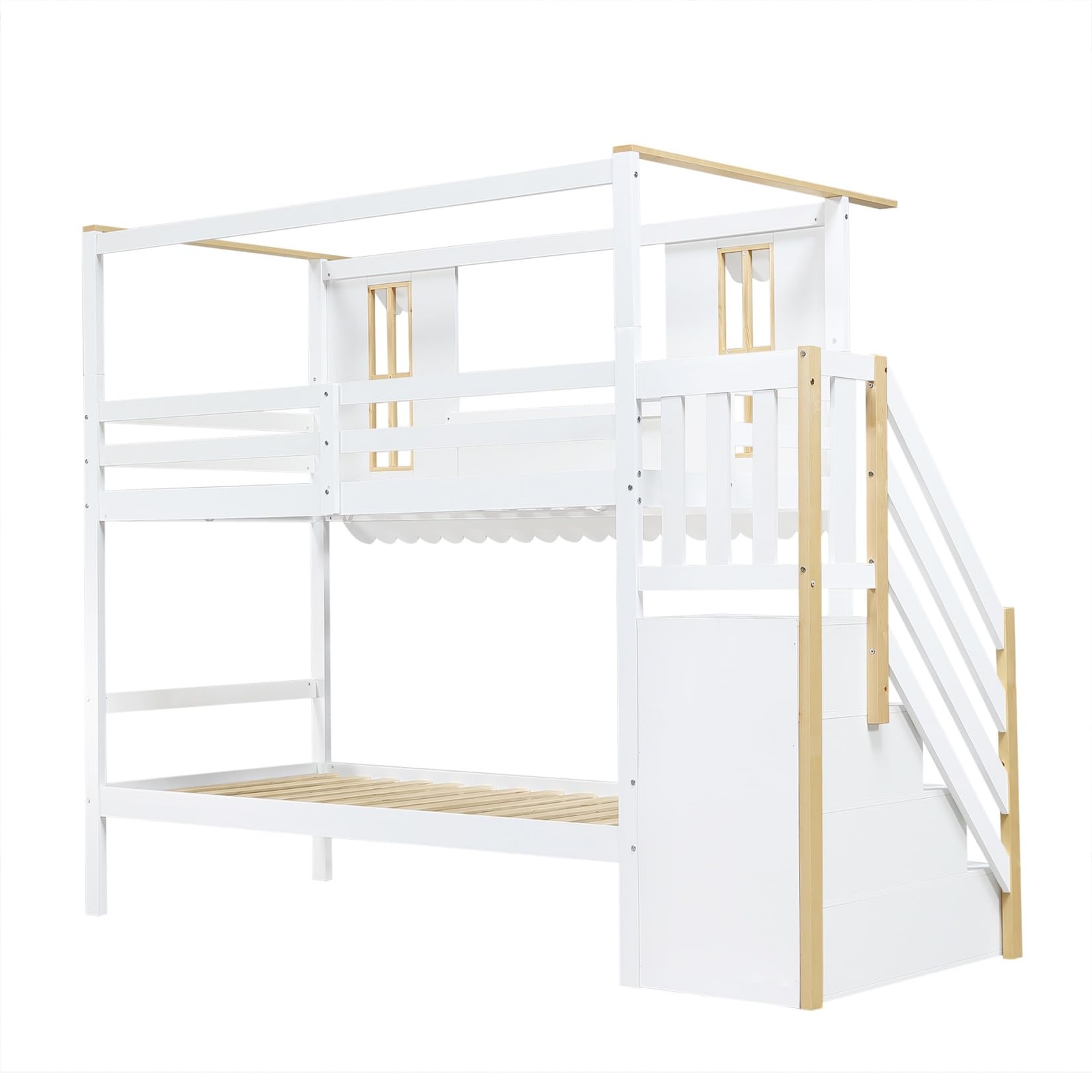 PUGSDRLY Lit Superposé Enfant 2 Places avec Fenêtre,Haute Barrière de lit,Escalier de Rangement,Feutre Décoratif,Lit Cabane Enfant 90x200 avec Sommier à Lattes,Pin(Blanc)