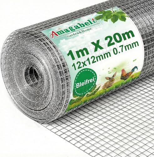 Amagabeli Drahtgitter Volierendraht 1m X 20m, Feuerverzinkt & Rostfrei (12x12mm) – Für Hochbeet, Voliere, Kaninchenzaun, Wühlmausschutz | Leicht Schneidbar Wetterfest​