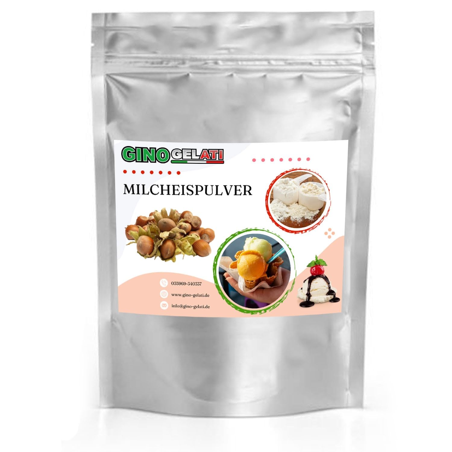 Gino Gelati Haselnuss Milcheis Pulver 1 Kg mit Nussgeschmack, verschiedene Varianten, schnelle und einfache Zubereitung, Intensiver Geschmack, natürliches Eispulver, Made in Germany