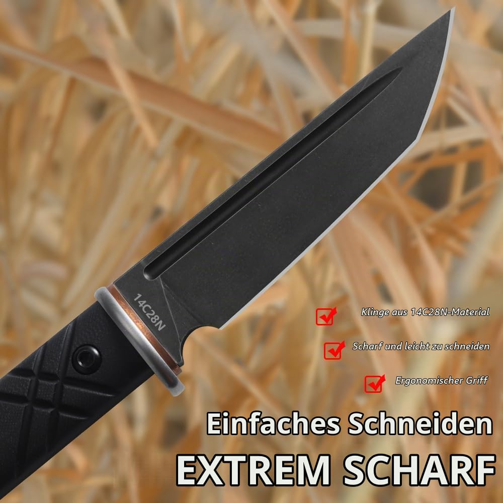 JEABROTHER Feststehende Klingenwerkzeuge aus 14C28N-Stahl, mit Kydex-Scheide – die ideale Outdoor-Messer- und Werkzeugwahl für Camping, Angeln und Wandern (Schwarze Klinge)