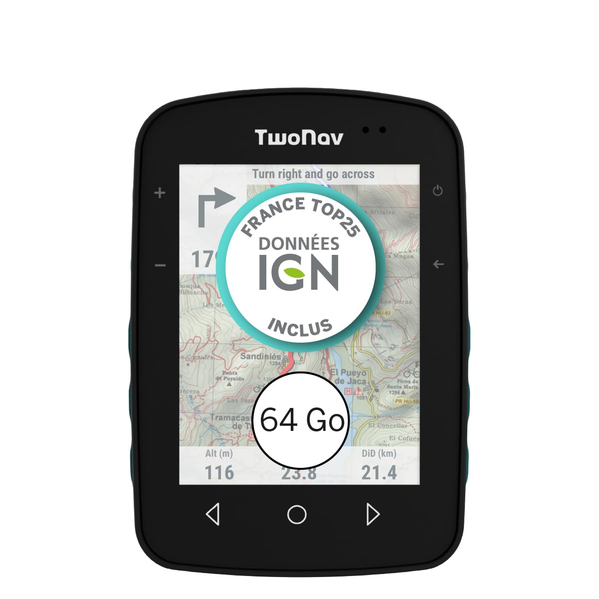 TwoNav Terra (64 Go) + Carte 5 Dalles de France IGN Top25, GPS de Sports avec écran Large 3,7 Pouces pour Montagne, randonnée, VTT, vélo