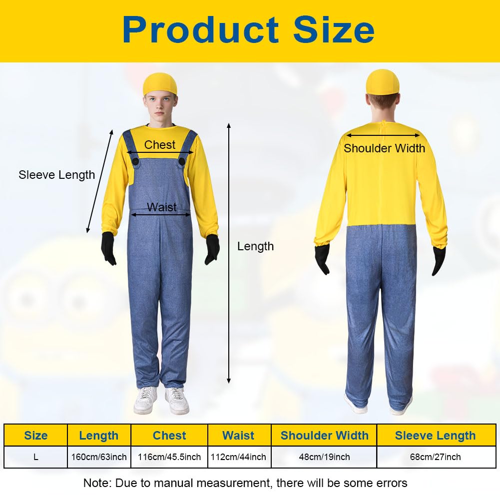 BSBUY Yellow Costume Adults World Book Day Costume 3Pcs Man Yellow Cosplay Costume Set Cosplay Dress Up Outfit Funny Dress Party Supplies Yellow Costume Halloween with Black Gloves Beanie Knit Hat - Image 2