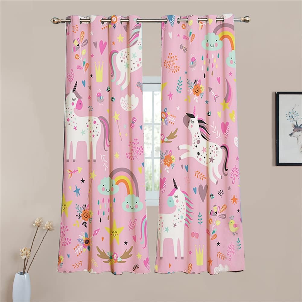 Rideaux Enfants Licorne Étoiles Rose Œillets 160×107 cm Chambre Fille