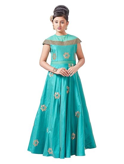 White Button New Kids Rama Foil N Embroidery Readymade Gown Dress for Girls.