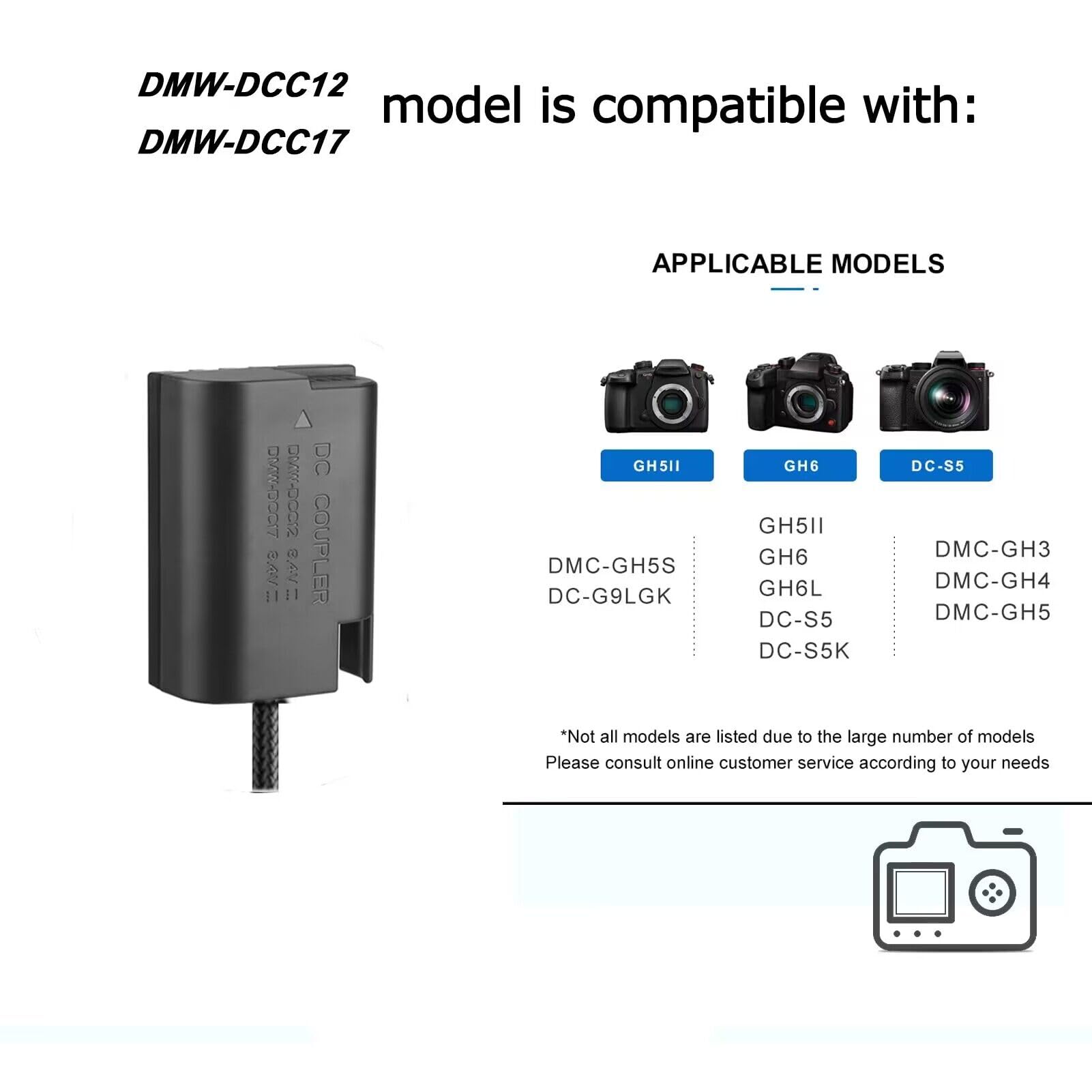 Cavo intrecciato Type-C a DMW-DCC12/DMW-DCC17 DC connettore BLF19 BLF19E /DMW-BLK22 Batteria dummy per Panasonic Lumix DMC GH3 GH4 GH3K GH4K GH5 G9 DC-S5K S5GK