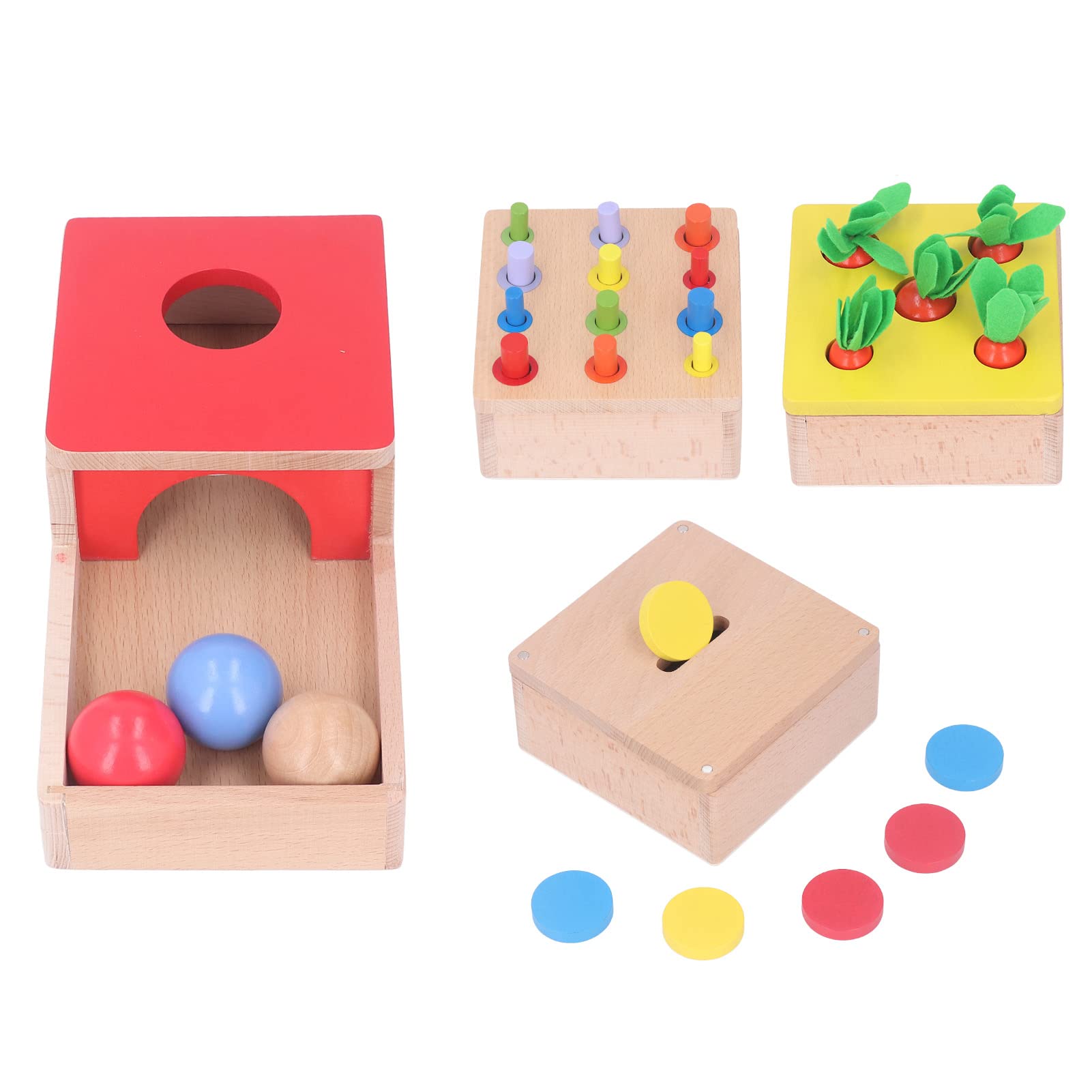Rcniso 4 in 1 Wooden Play Kit Object Permanence Box Carrot Harvest Shape Color Sorting Stacking Learning Toy for Toddlers