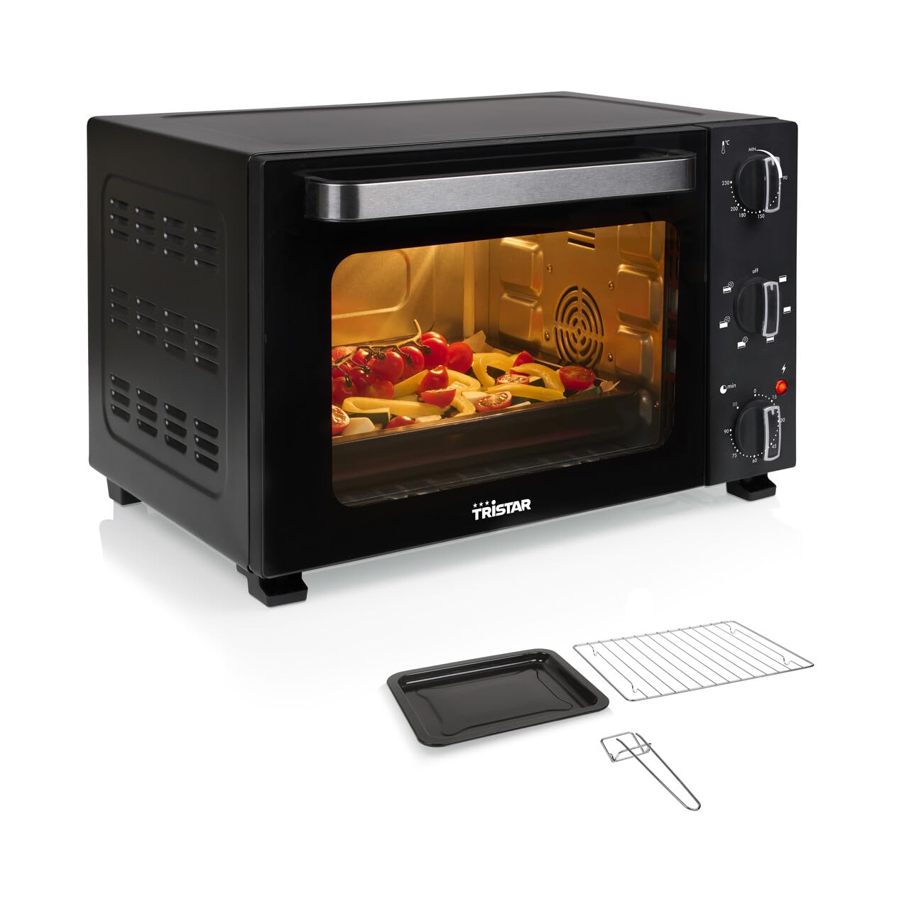 Tristar Forno Ventilato, Capacità 27L, 1500W, 6 Programmi, Timer 90 Min, Termostato 90–230 °C, Porta Doppio Vetro, Luce Interna, Accessori Inclusi, OV-3627