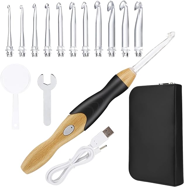 LINGSFIRE Crochet Hooks Set, Light Up Crochet Hook Set USB Rechargeable Knitting Hooks Ergonomic Crochet Hooks Kit with Case and 11 Interchangeable Heads 2.5 mm to 8 mm for DIY Craft Supplies
