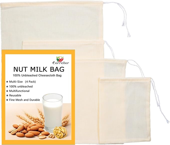 4Pack Nut Milk Bags,4 Sizes Unbleached Cotton Cheesecloth Bags,Food Strainer Bags,Reusable Muslin Strainer Bags for Yogurt,Juice,Wine,Cheese making(5x6.3"/6x8"/8x10"/10x14")