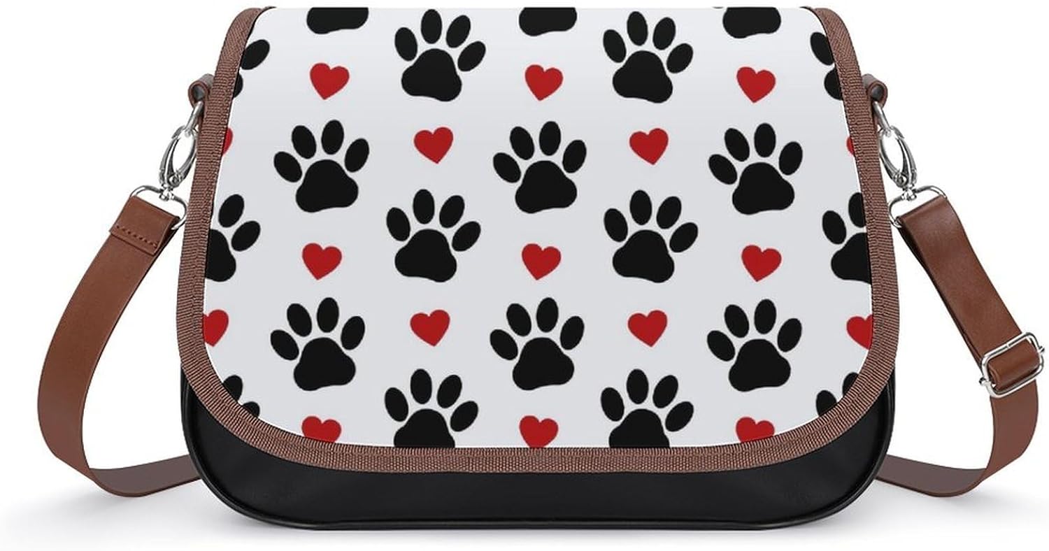 Black Dog Paws Red HeartsWomen's Faux Leather Crossbody Bag, Waterproof Wrinkle-Resistant Shoulder Bag with Detachable Strap, Large Capacity Casual Handbag, Fashion Daily Purse for Shopping Work Datin
