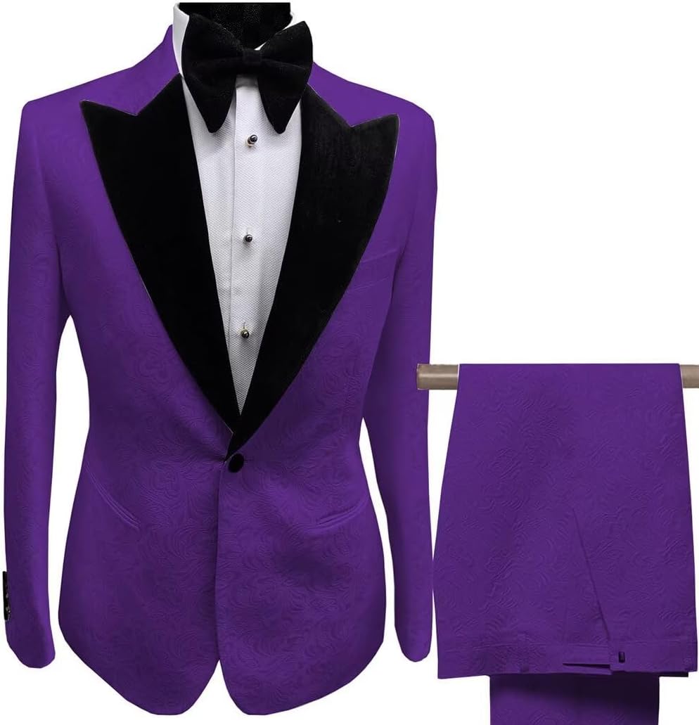 Charming Jacquard Men‘s Suits Splicing Velvet Peak Lapel Single Breasted Tuxedos Blazer Pants for Wedding Party
