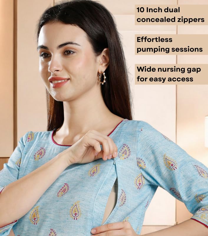 Image of DUMMY SHAPE Maternity Dresses for Women Cotton | Rayon Printed Feeding Anarkali Kurta with Dual Nursing Zipper Access During Pre & Post Pregnancy | Baby Shower Gifts for Mom to Be