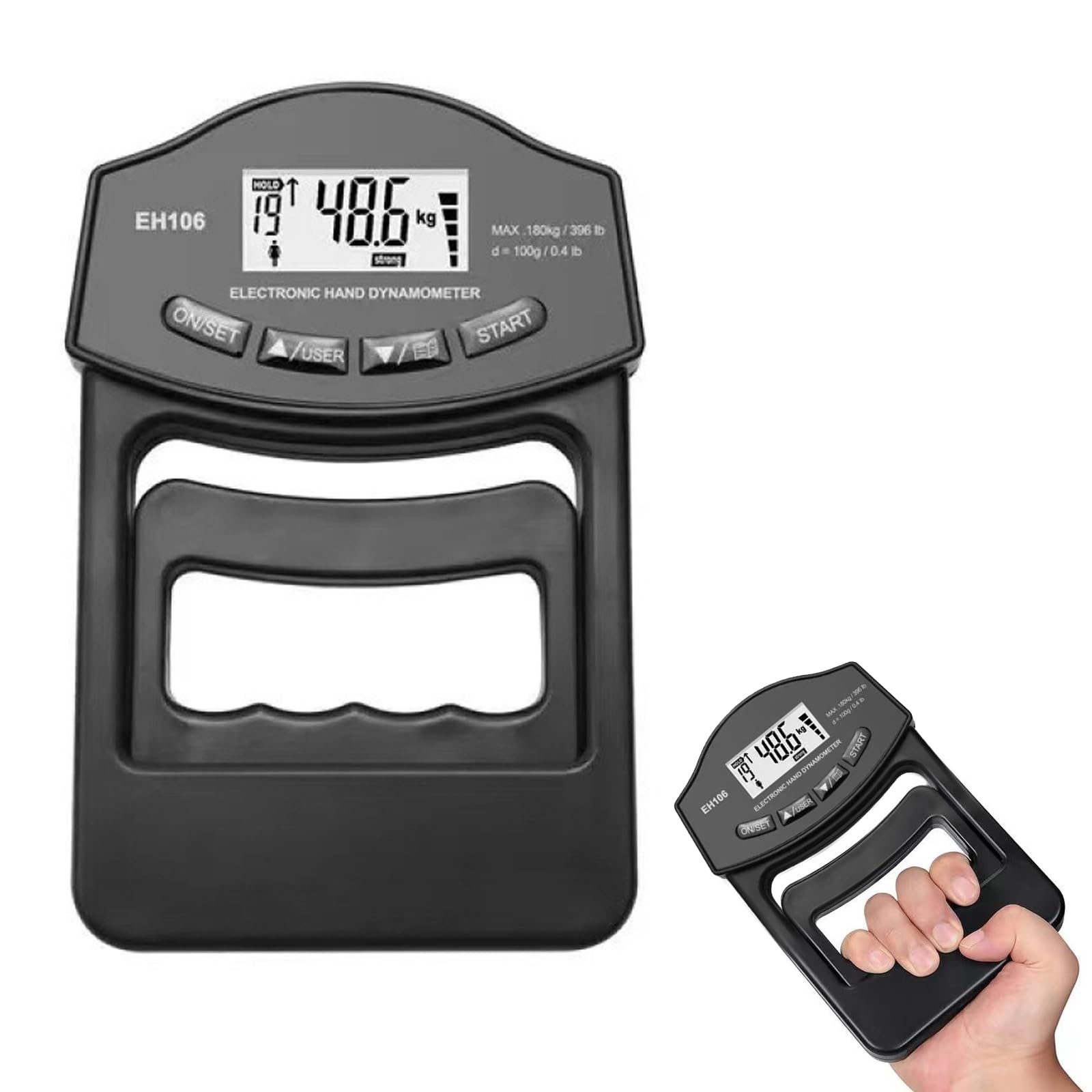 Appareil de mesure de force manuelle numérique, 180 kg, dynamomètre manuel, mesure de force de préhension électronique, mesure de la force de préhension avec écran LED (noir)