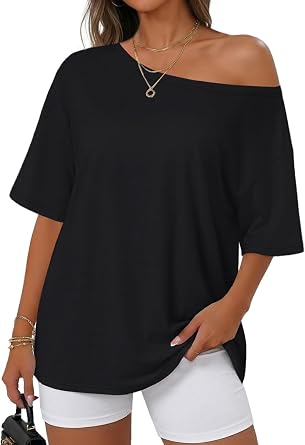 rosemia Off The Shoulder Tops for Women Oversized Short Sleeve Shirts Summer Casual Fashion Tees 2026
