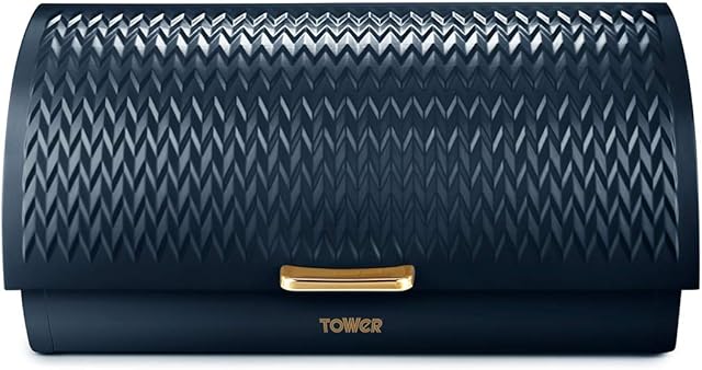Tower T826090MNB Empire Roll Top Bread Bin, Stainless Steel, Midnight Blue and Brass