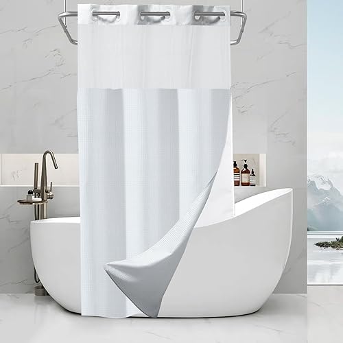 Vista 14 de Cortina de ducha de tortugas marinas, temática náutica de playa, verde y verde azulado, sin ganchos, punto gofre y forro desmontable, decoración