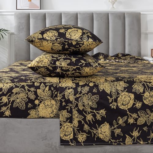 Image of FADFAY Rose Sheets Set Full Vintage Black Gold Floral Bedding Shabby Peony Botanical Sheets Luxury Farmhouse Bedding 800 Thread Count 100% Egyptian Cotton Deep Pocket Fitted Sheet 4Pcs, Full Size