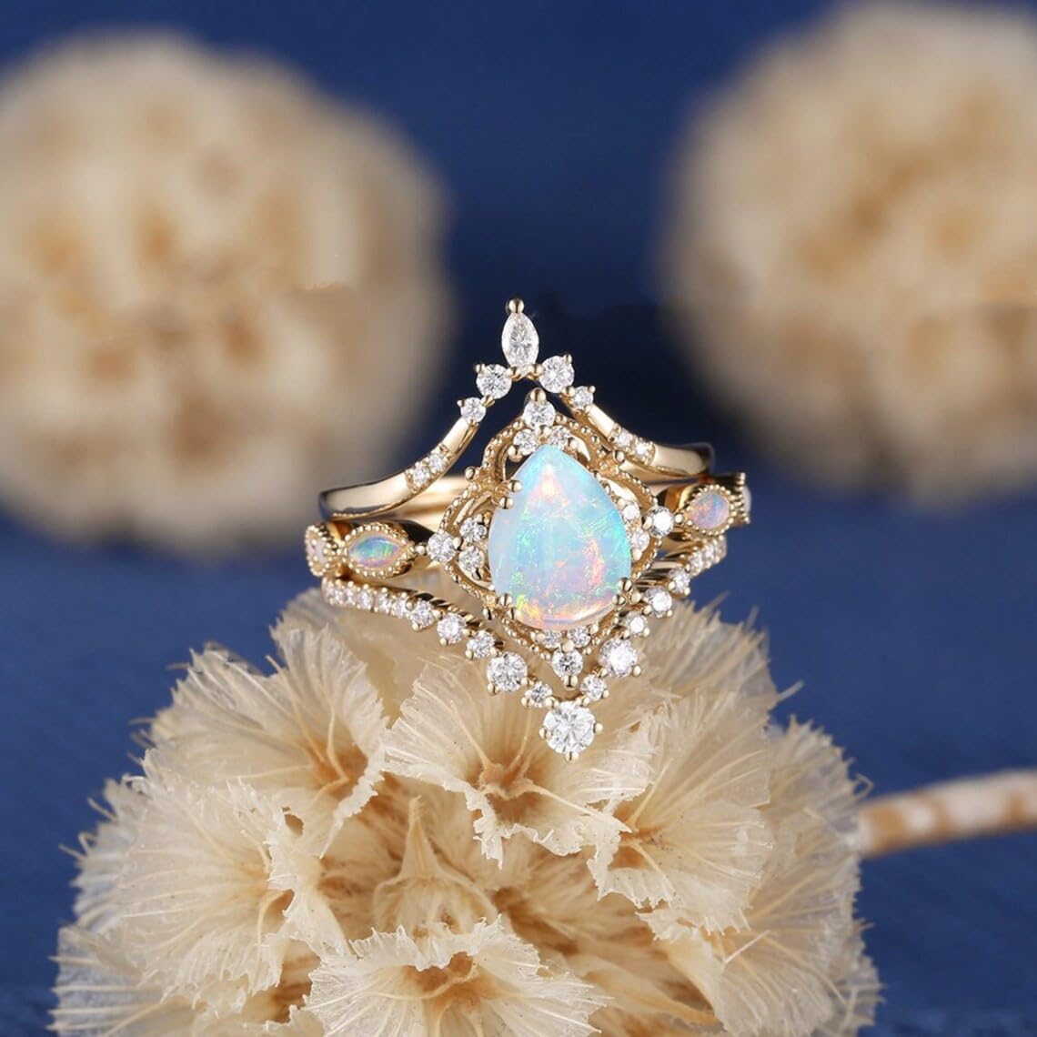 Vintage S925 10k 14k 18k Gold 1.0CT Pear shaped Opal Engagement ring set for Women Fire Opal & Moissanite Halo Bridal Set Curved Wedding Ring Set 3pc Promise Anniversary For Her Free Engraved