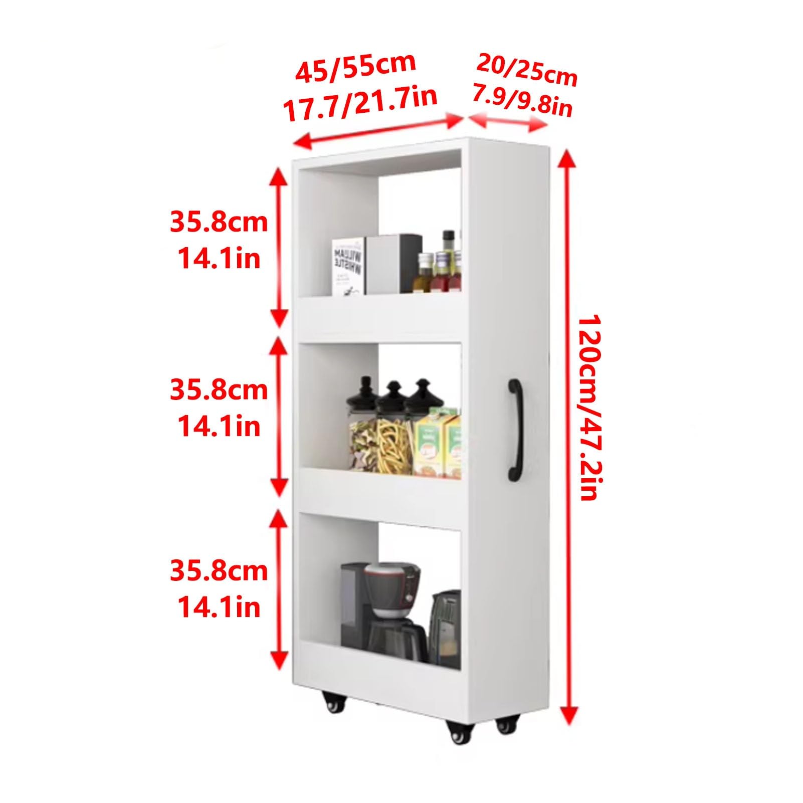 Carrito delgado de 4 niveles con estantes de madera, versátil nizer para cocina, color marrón (47 x 10 x 22 pulgadas) junto al refrirador