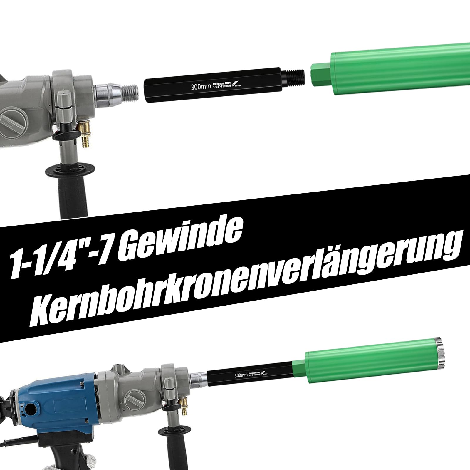 300mm Diamantbohrer Verlängerung mit 1-1/4"-7 UNC, Verlängerungsstange aus Aluminiumlegierung für Bohrkrone, zum Bohren tieferer Löcher in Beton und Mauerwerk