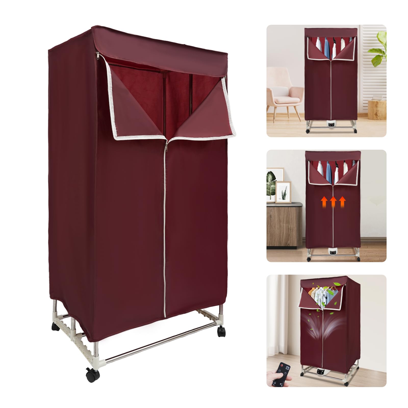Sèche-linge à condensation, armoire à pneus, 1200-1500 W, télécommande pliable, convient pour la maison, les vacances et l'utilisation par temps humide (bordeaux)