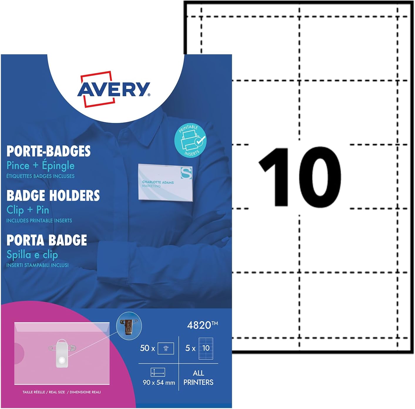 Avery 4820 Printable Name Badges with Plastic Cases and Pins (90 x 50 mm Badges, Pack of 50) - White