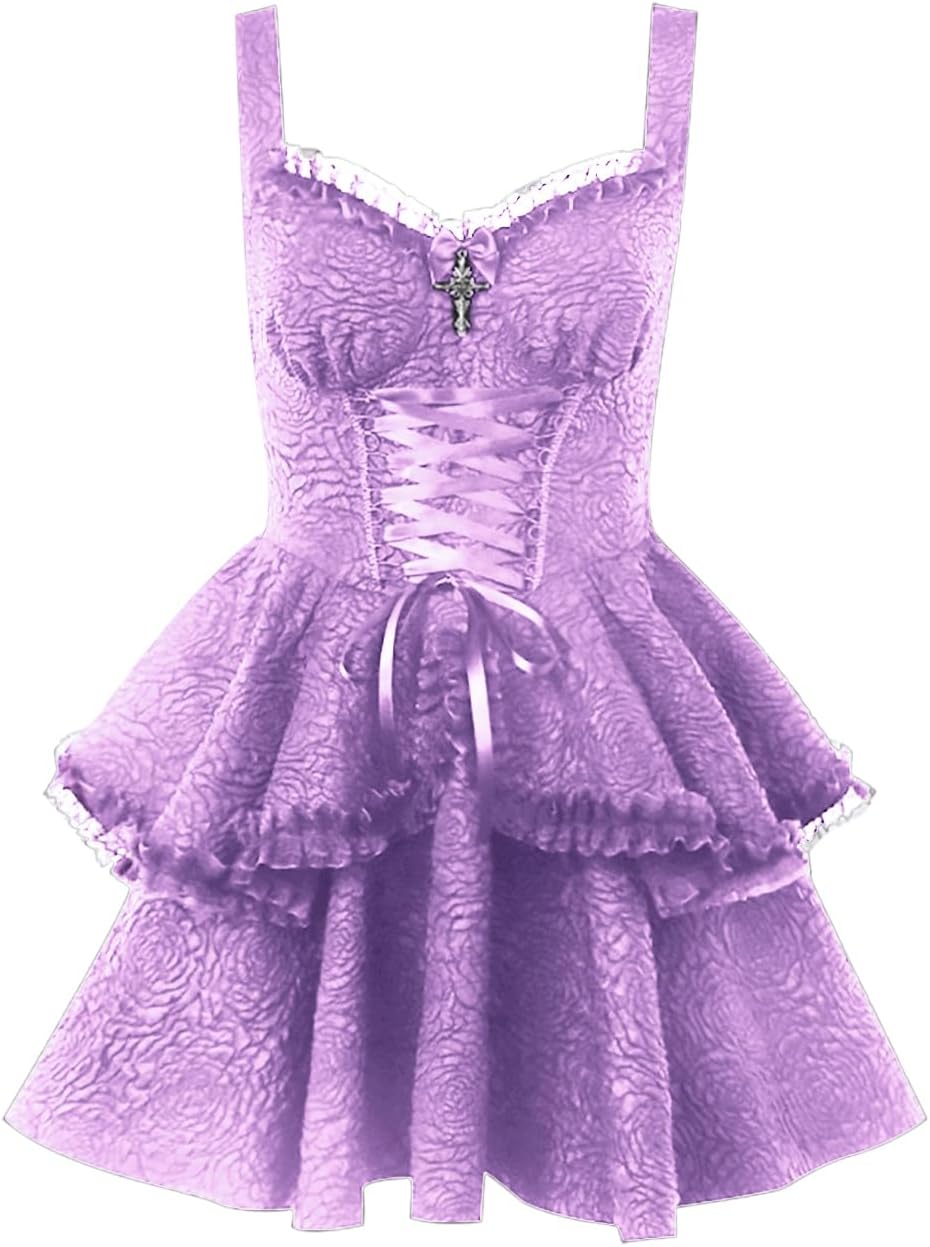 Womens Lace-up Gothic Dress Classic Punk Lolita Layered Fancy Corset Dresses Cosplay Party Cocktail Costumes