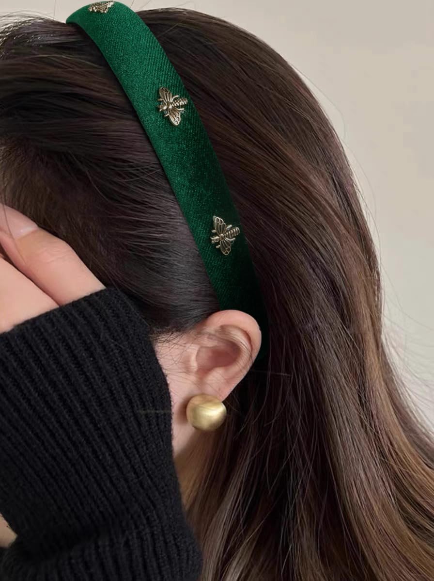TERSE Green Velvet Headband for Women White Pearl Head Band Cute Designer Headband Fashion Hair Accessories Vintage Women Holiday Headbands Elastic