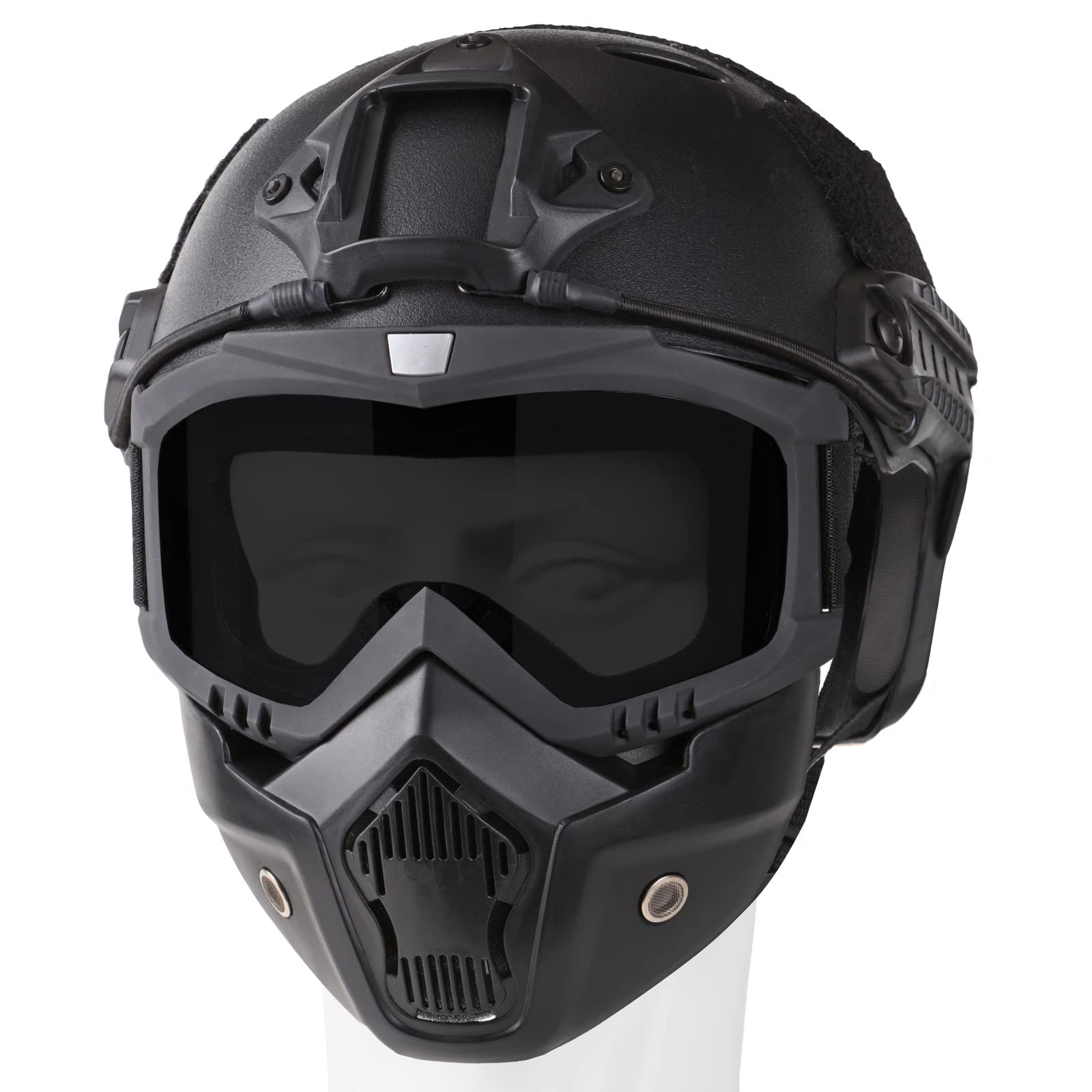 Airsoft Helmet and Mask, Full Face Mask with Detachable Goggles, Paintball Black Helmet with NVG Mount and Side Rail, Military Tactical Gear