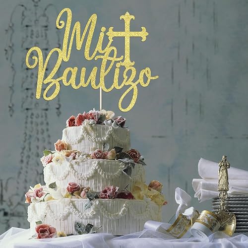 Miniatura 9 de PALASASA Decoración para pastel Mi Bautizo con purpurina dorada  Decoración para pastel de cruz de Dios Religioso que me bendiga  Primera Comunión