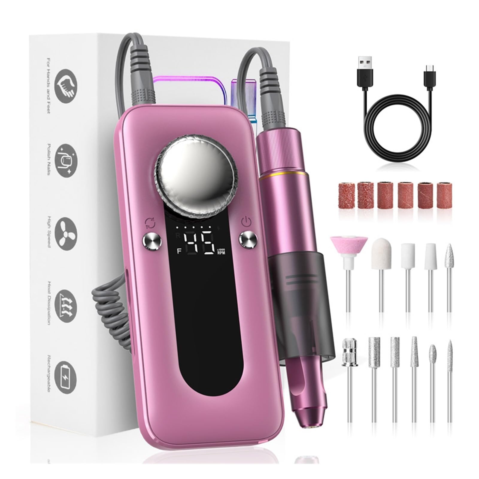 Trapano for Unghie Elettrico, Kit Trapano for Unghie Efile Professionale 45000 RPM, Lima for Unghie Elettrica for Unghie Acriliche Unghie in Gel(Pink)
