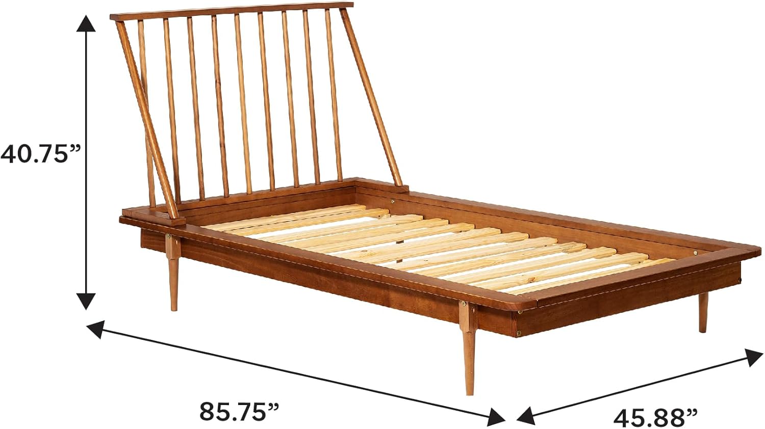 Close-up of the Walker Edison Twin Platform Bed's spindle headboard and mattress.