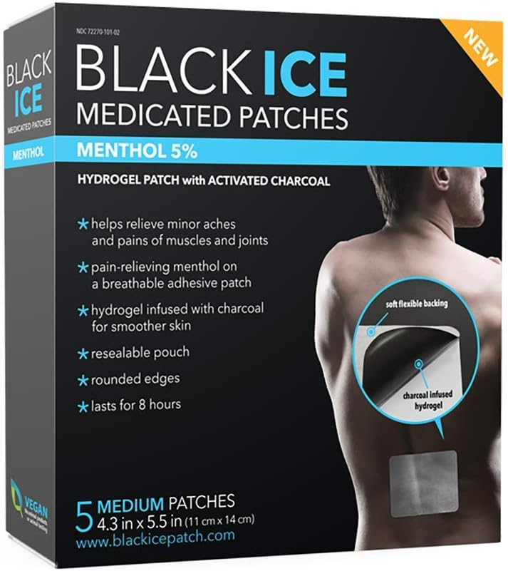 Black Ice - Natural Charcoal Hydrogel Patch with Menthol, Medium - 5 Count, Charcoal Poultice Relief for Muscle Aches, Joint and Back Pain, Inflammation, Rashes, Bug Bites, Cellulitis, and Burns