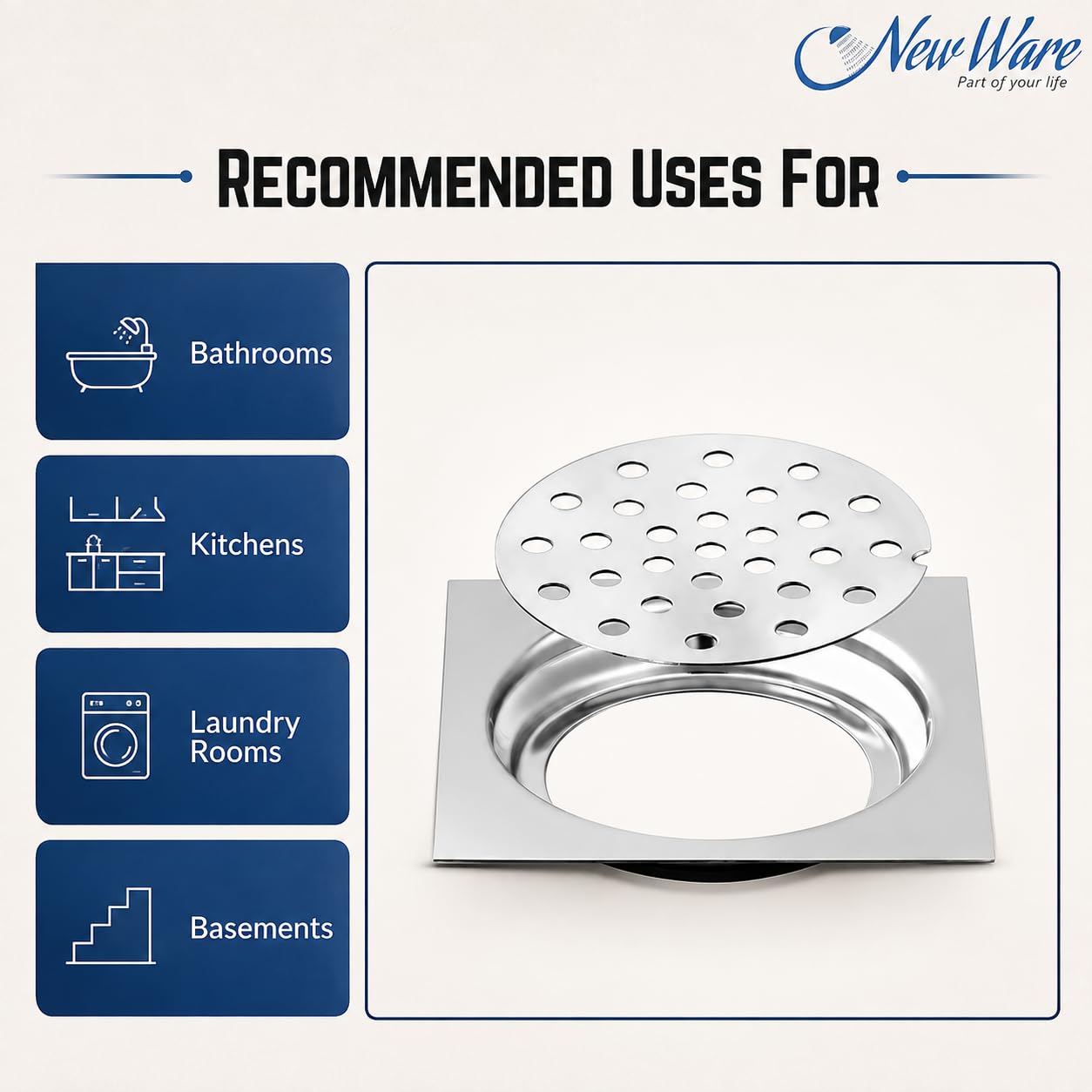 NEW WARE® Square 4x4 Inch Stainless Steel Bathroom Floor Drain Jali, Chrome Finish Anti Rust Heavy Duty Waste Water Grating, Shower Drain Cover, Kitchen Sink Strainer, Balcony Floor Trap Cover, Silver — Amazon image 4