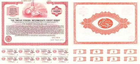Twelve Federal Intermediate Credit Banks - 1974 dated $500,000 Specimen Bond - Red