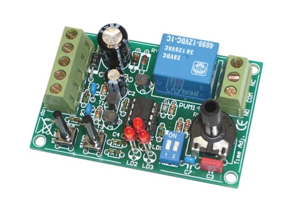 Top-down view of the Whadda WMT141 On/Off Timer circuit board, showing components like the relay, capacitors, resistors, integrated circuit, push buttons, LEDs, and a potentiometer.